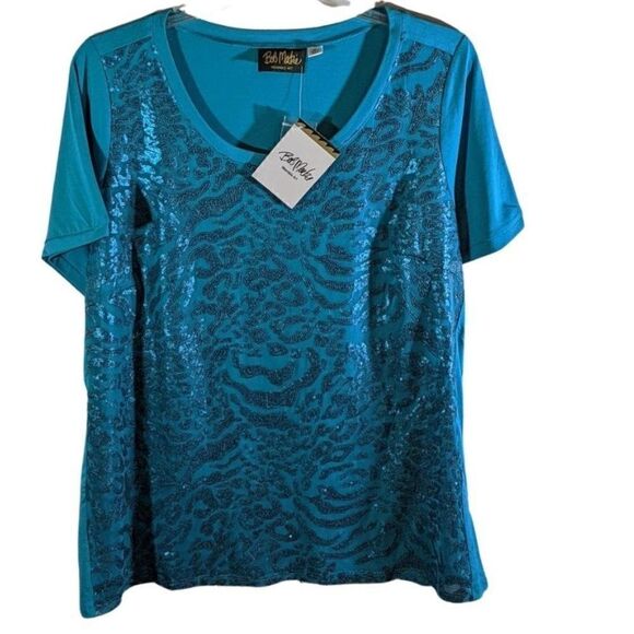 🆕NWT BOB MACKIE WEARABLE ART SEQUIN KNIT LINED TOP TEAL - XL - Picture 2 of 8